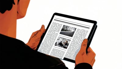 Illustration of a person reading a newsletter on a tablet Illustration of a person reading a newsletter on a tablet